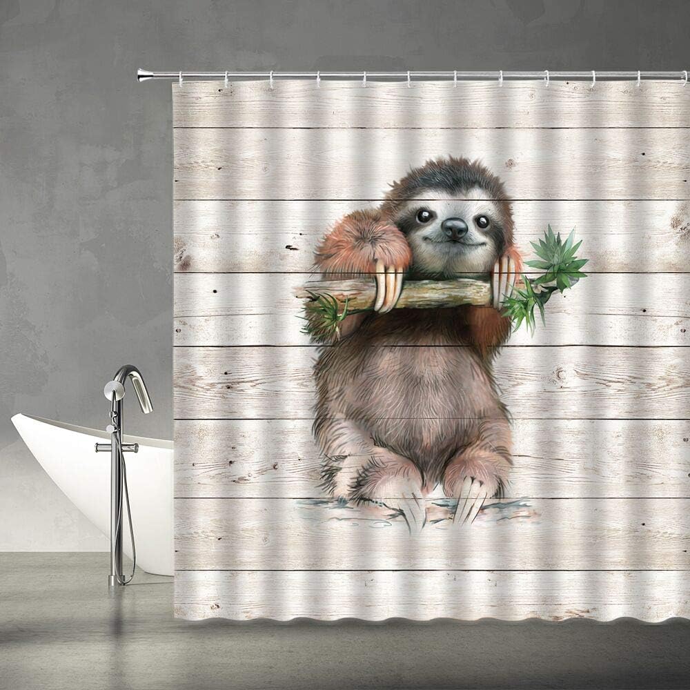 Cute Sloth Print Shower Curtain with Rustic Wooden Board Background for Kids Bathroom