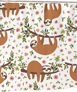 Cute Sloths Shower Curtain Flowers Branches, Funny Bathroom Printing Waterproof Fabric Curtain 