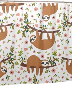 Cute Sloths Shower Curtain Flowers Branches, Funny Bathroom Printing Waterproof Fabric Curtain