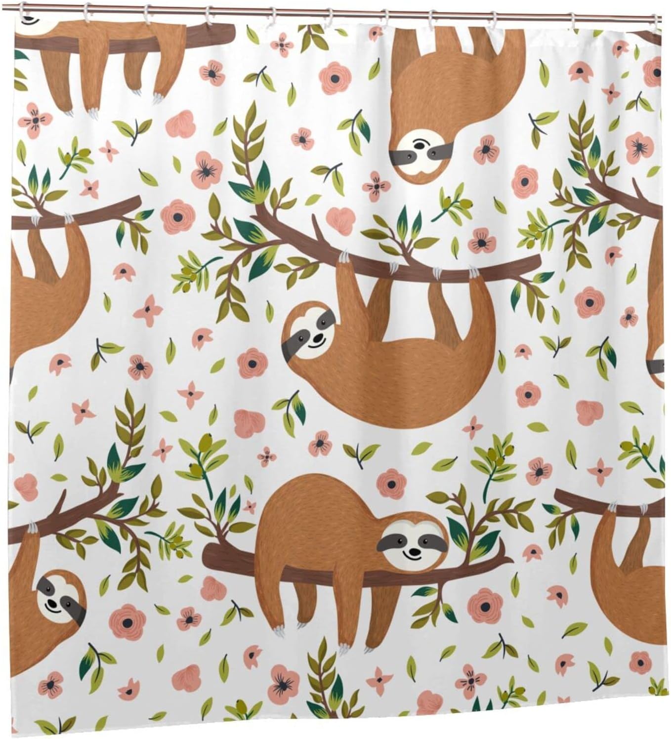 Cute Sloths Shower Curtain Flowers Branches, Funny Bathroom Printing Waterproof Fabric Curtain