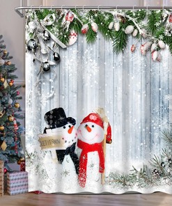 Cute Snowman Christmas Shower Curtain with Snowflakes for Bathroom Decor