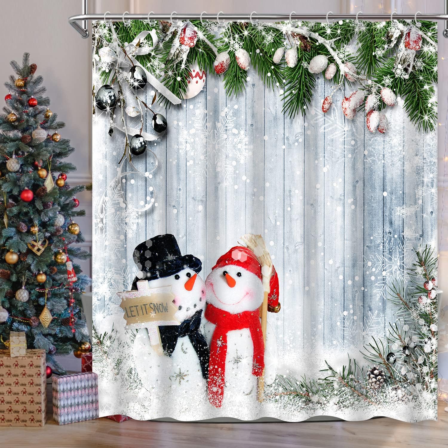 Cute Snowman Christmas Shower Curtain with Snowflakes for Bathroom Decor