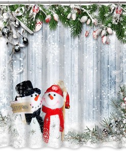 Cute Snowman Christmas Shower Curtain with Snowflakes for Bathroom Decor