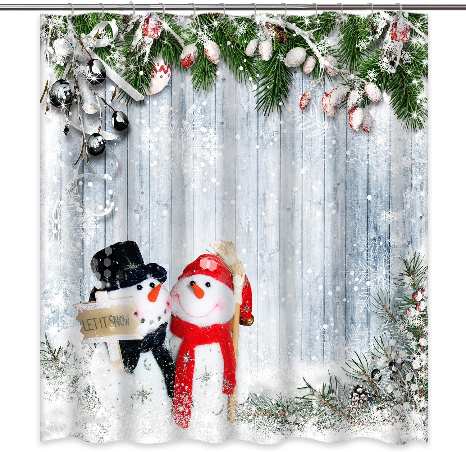 Cute Snowman Christmas Shower Curtain with Snowflakes for Bathroom Decor