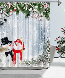 Cute Snowman Christmas Shower Curtain with Snowflakes for Bathroom Decor
