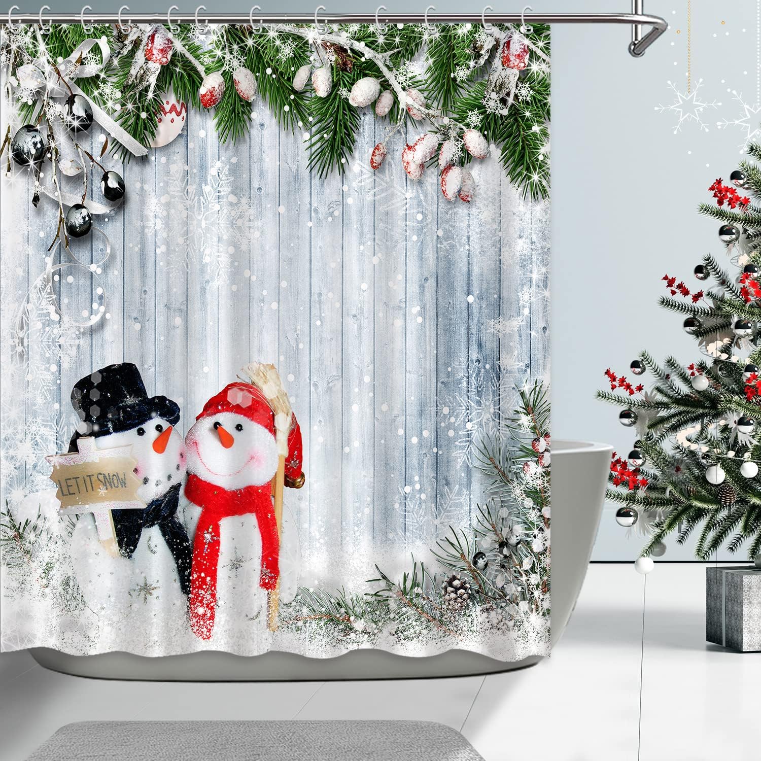 Cute Snowman Christmas Shower Curtain with Snowflakes for Bathroom Decor