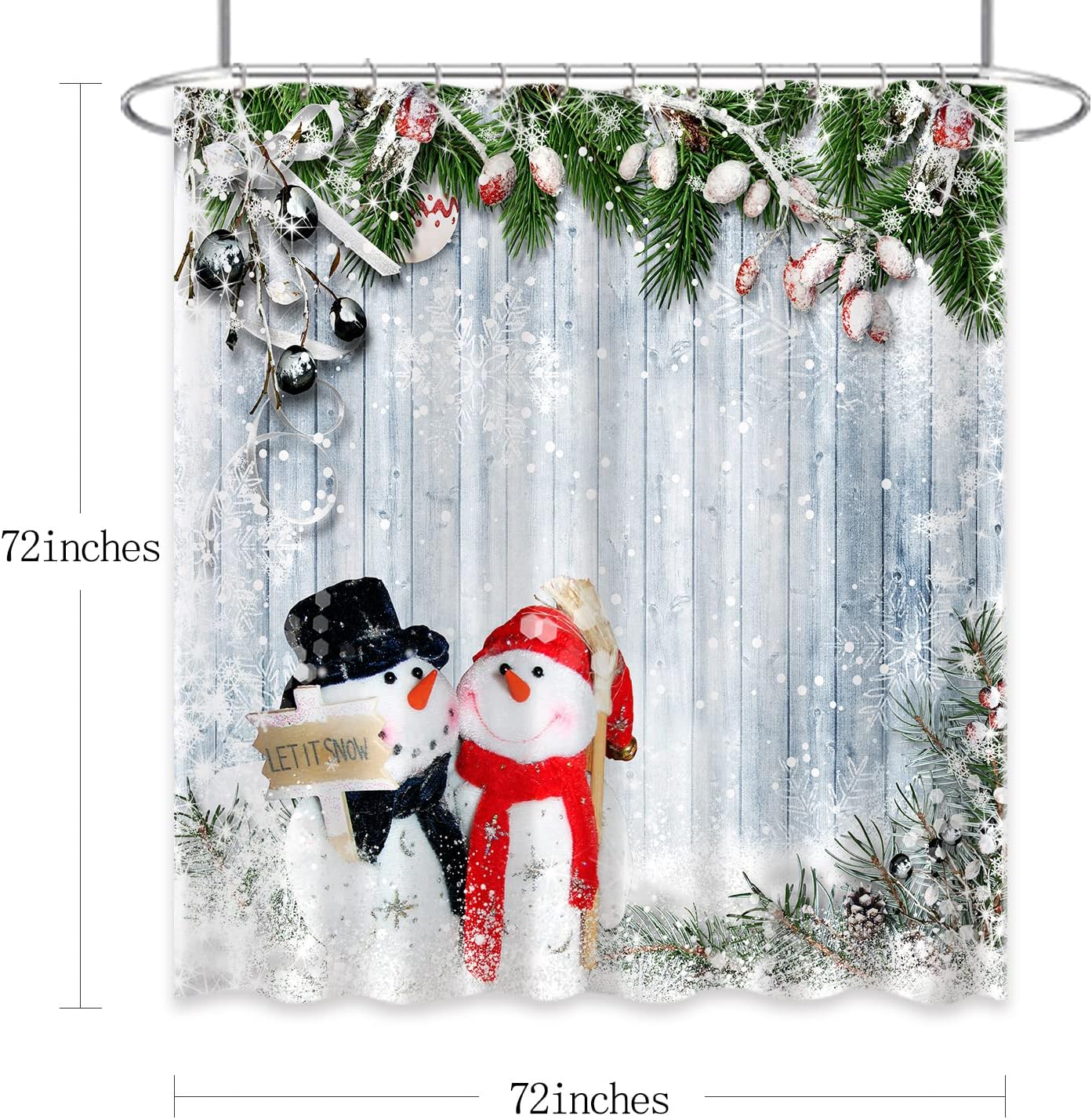 Cute Snowman Christmas Shower Curtain with Snowflakes for Bathroom Decor