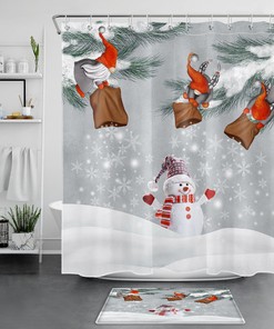 Cute Snowman Gnome Shower Curtain With Christmas And Winter Snowflake Bathroom Accessories