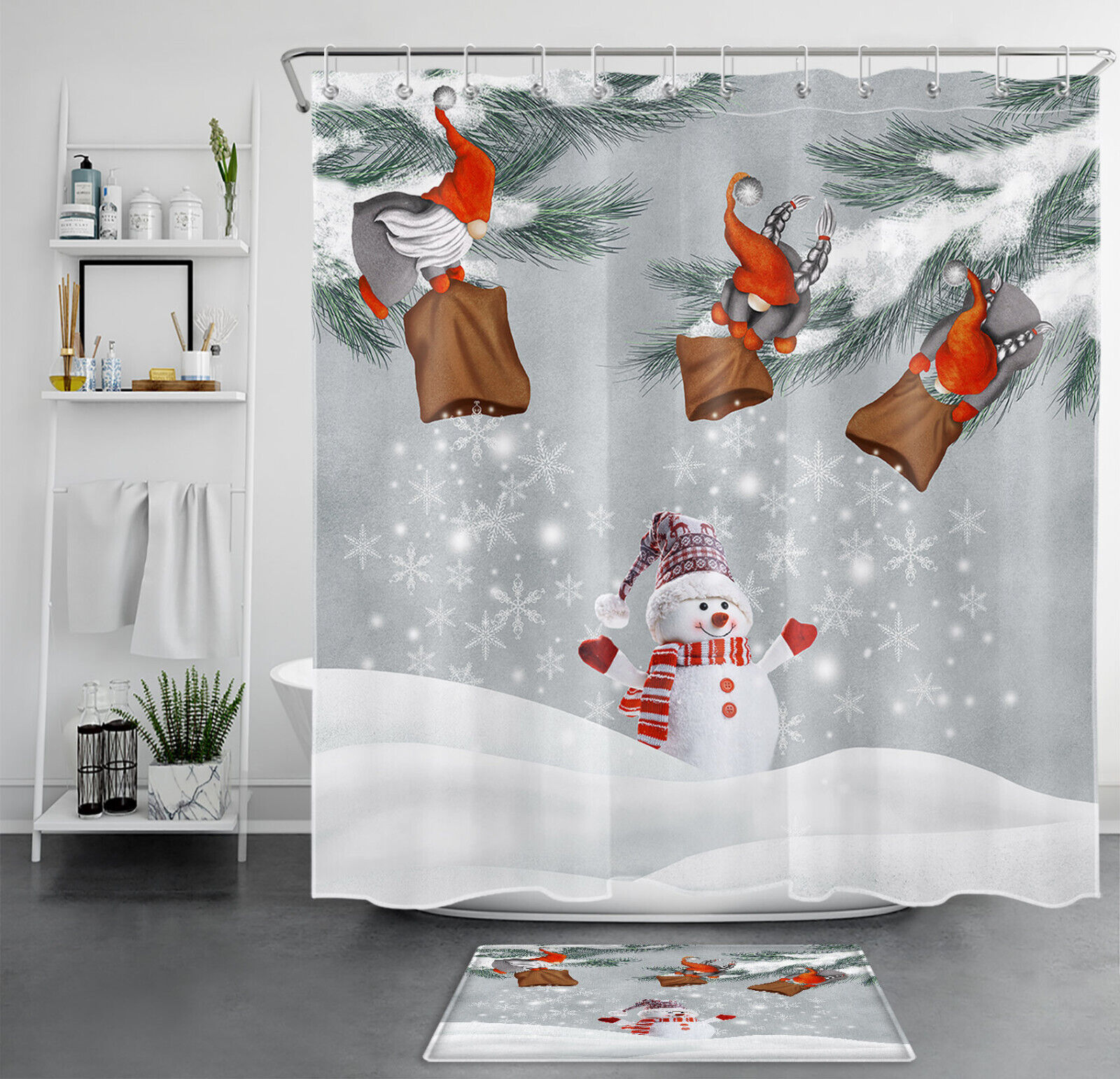 Cute Snowman Gnome Shower Curtain With Christmas And Winter Snowflake Bathroom Accessories