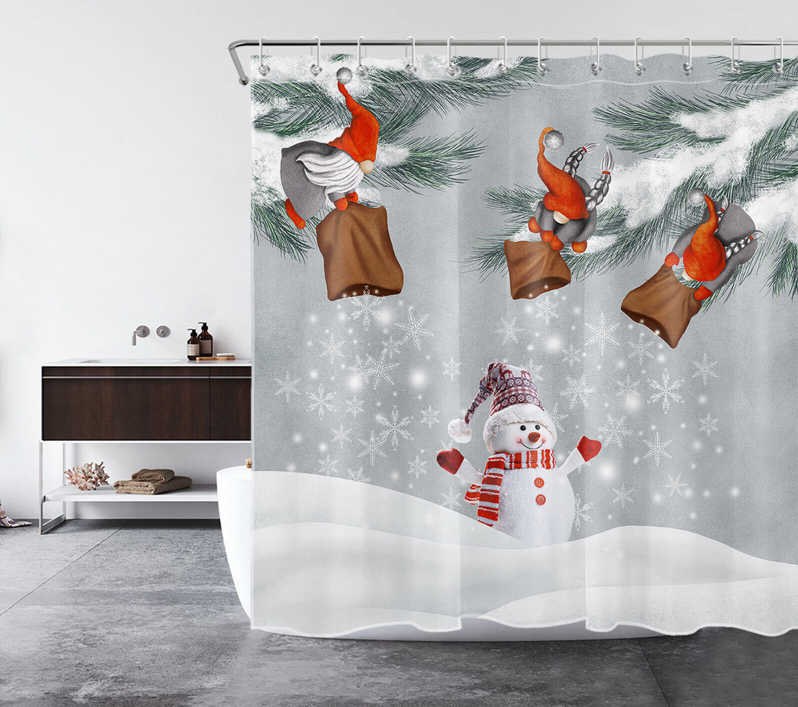 Cute Snowman Gnome Shower Curtain With Christmas And Winter Snowflake Bathroom Accessories