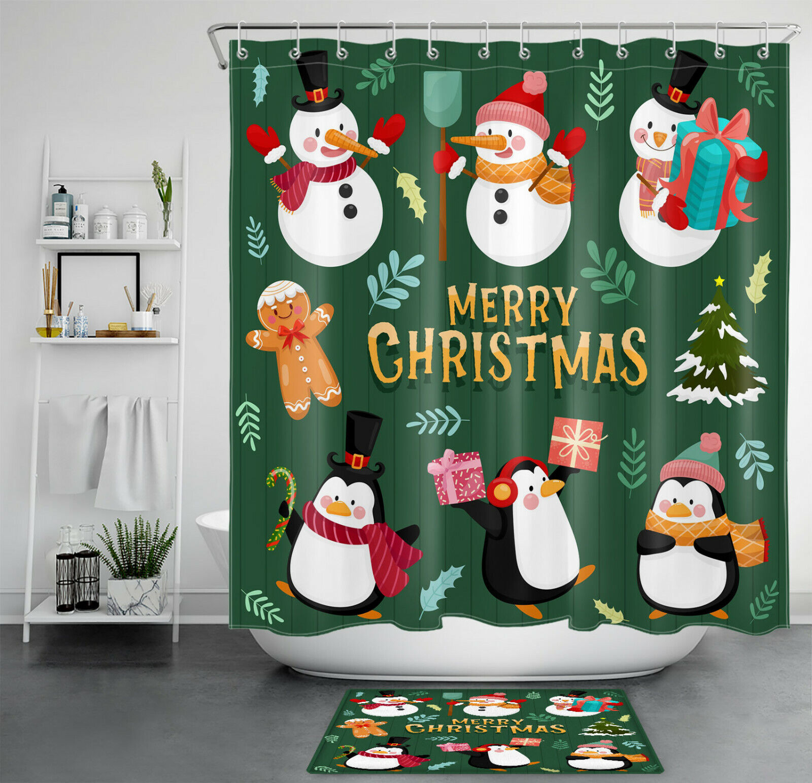 Cute Snowman Penguin Christmas Shower Curtain - 71