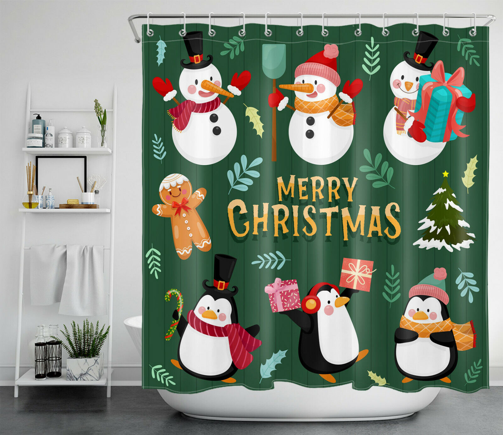 Cute Snowman Penguin Christmas Shower Curtain - 71 - Image 2