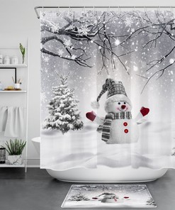 Cute Snowman Pine Tree Snowflake Winter Shower Curtain