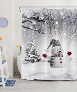 Cute Snowman Pine Tree Snowflake Winter Shower Curtain