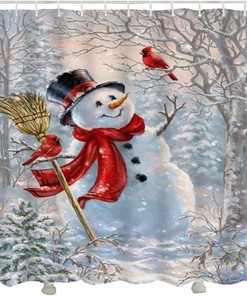 Cute Snowman and Cardinal Bird Shower Curtain with Winter Design for a Cozy Bath