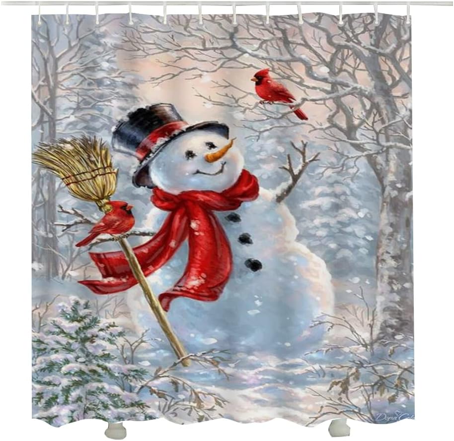 Cute Snowman and Cardinal Bird Shower Curtain with Winter Design for a Cozy Bath