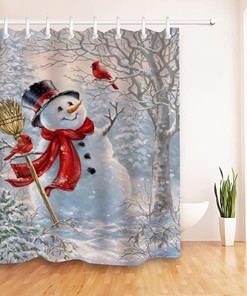 Cute Snowman and Cardinal Bird Shower Curtain with Winter Design for a Cozy Bath