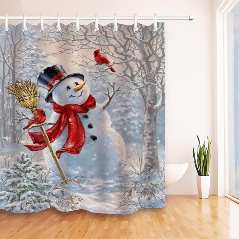 Cute Snowman and Cardinal Bird Shower Curtain with Winter Design for a Cozy Bath