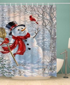 Cute Snowman and Cardinal Bird Shower Curtain with Winter Design for a Cozy Bath
