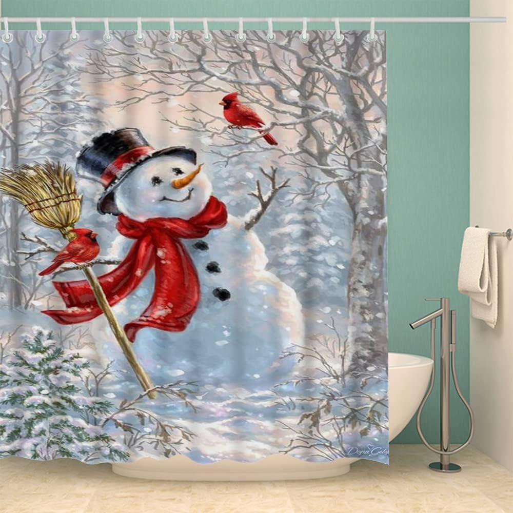 Cute Snowman and Cardinal Bird Shower Curtain with Winter Design for a Cozy Bath