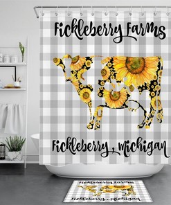 Cute Sunflower Cow Farm Animal Shower Curtain with Gray Checkered Background for A Rustic Charm