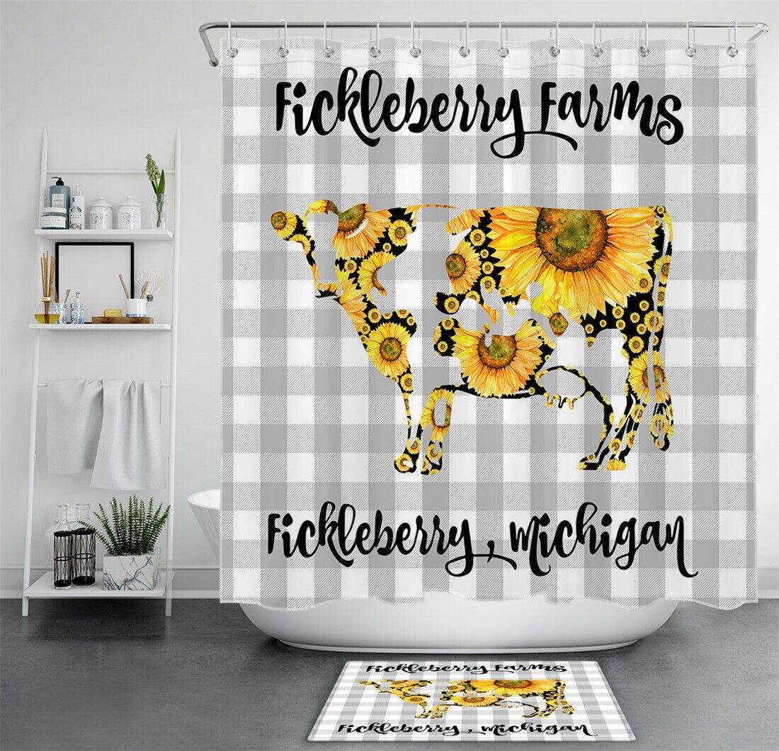 Cute Sunflower Cow Farm Animal Shower Curtain with Gray Checkered Background for A Rustic Charm