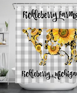 Cute Sunflower Cow Farm Animal Shower Curtain with Gray Checkered Background for A Rustic Charm