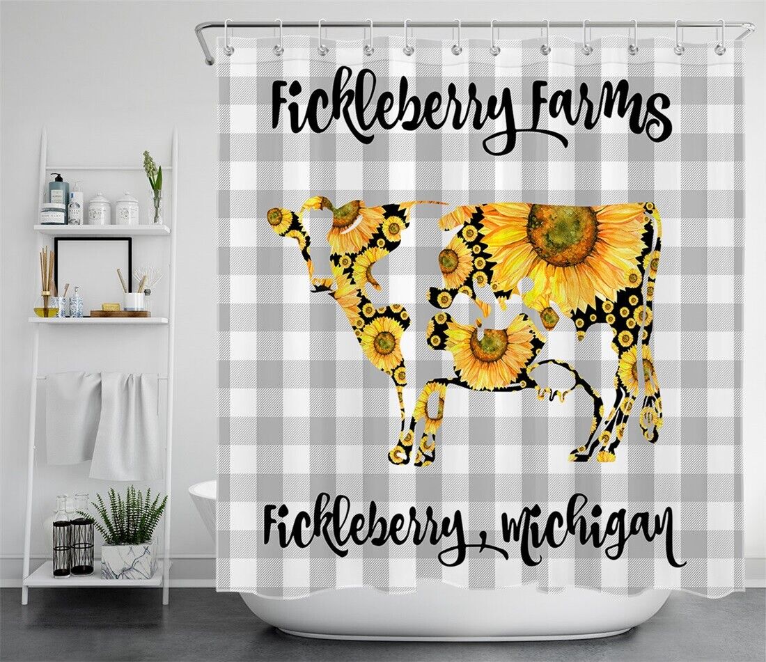 Cute Sunflower Cow Farm Animal Shower Curtain with Gray Checkered Background for A Rustic Charm
