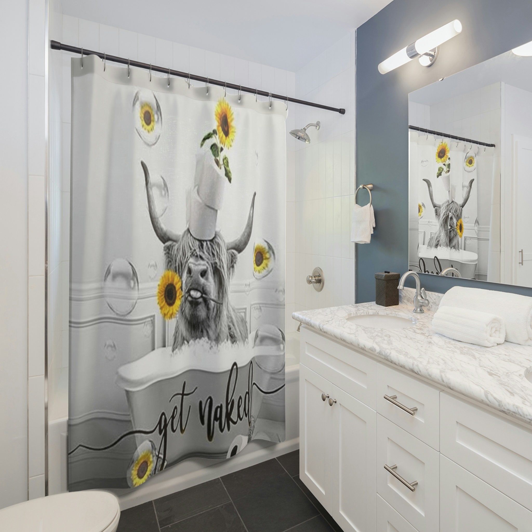 Cute Sunflower Cow Shower Curtain to Add A Cheerful Farmhouse Touch to Your Bathroom