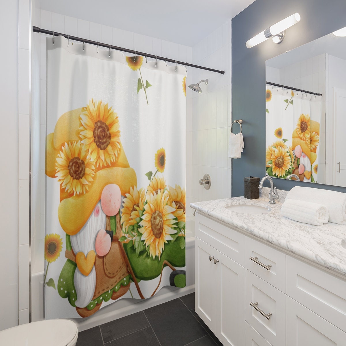 Cute Sunflower Gnome Bathroom Decor Fabric Shower Curtain
