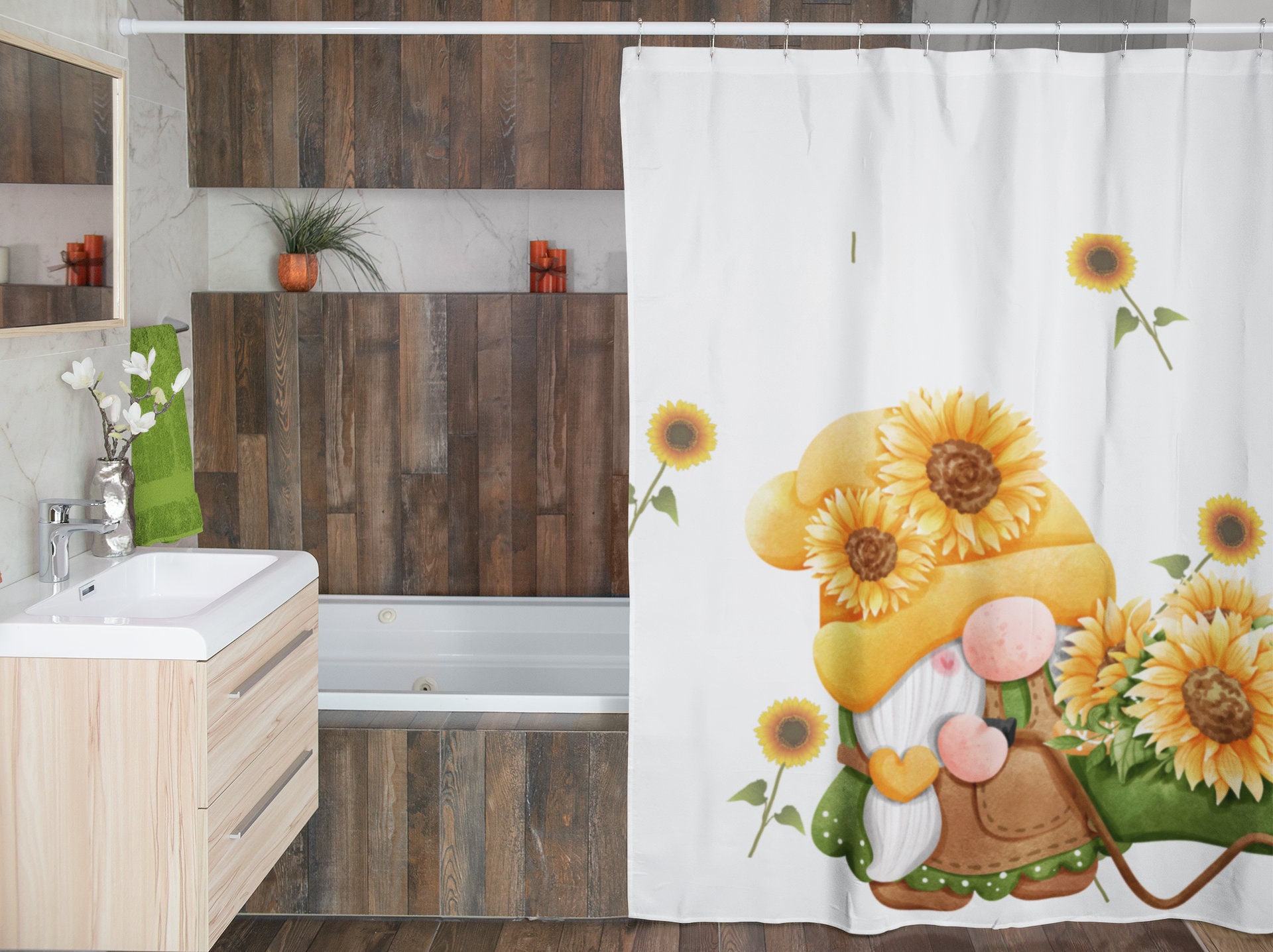 Cute Sunflower Gnome Bathroom Decor Fabric Shower Curtain