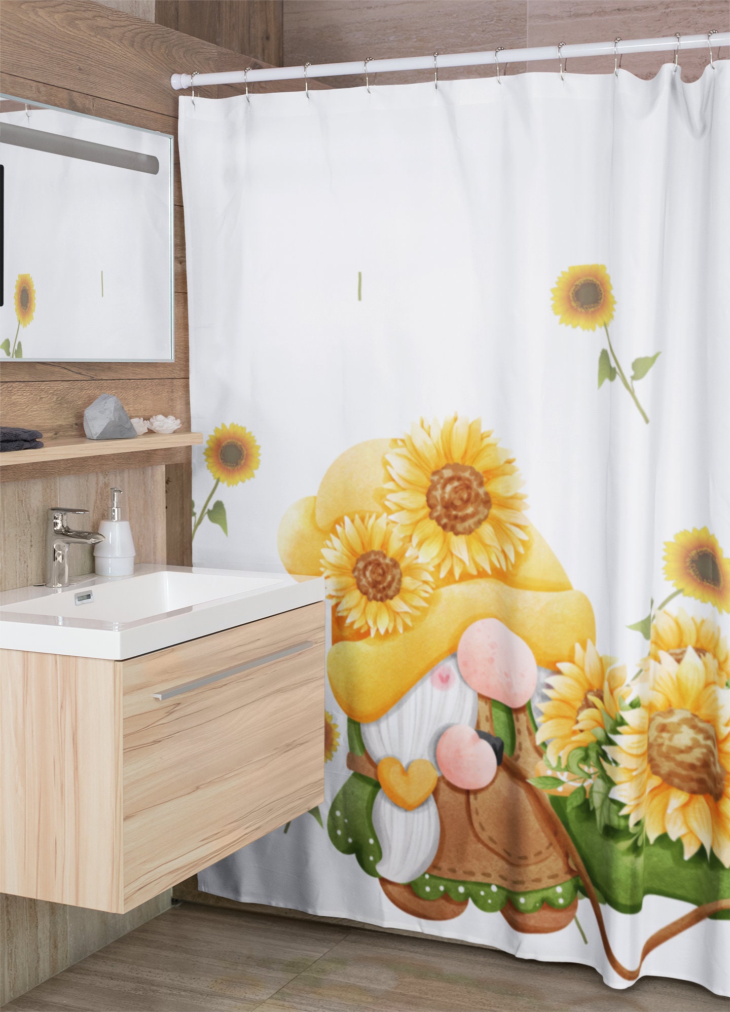 Cute Sunflower Gnome Bathroom Decor Fabric Shower Curtain