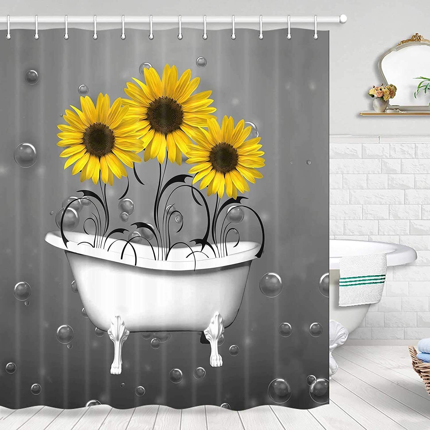 Cute Sunflowers in White Bathtub Bubbles Shower Curtain for Bathroom Decor