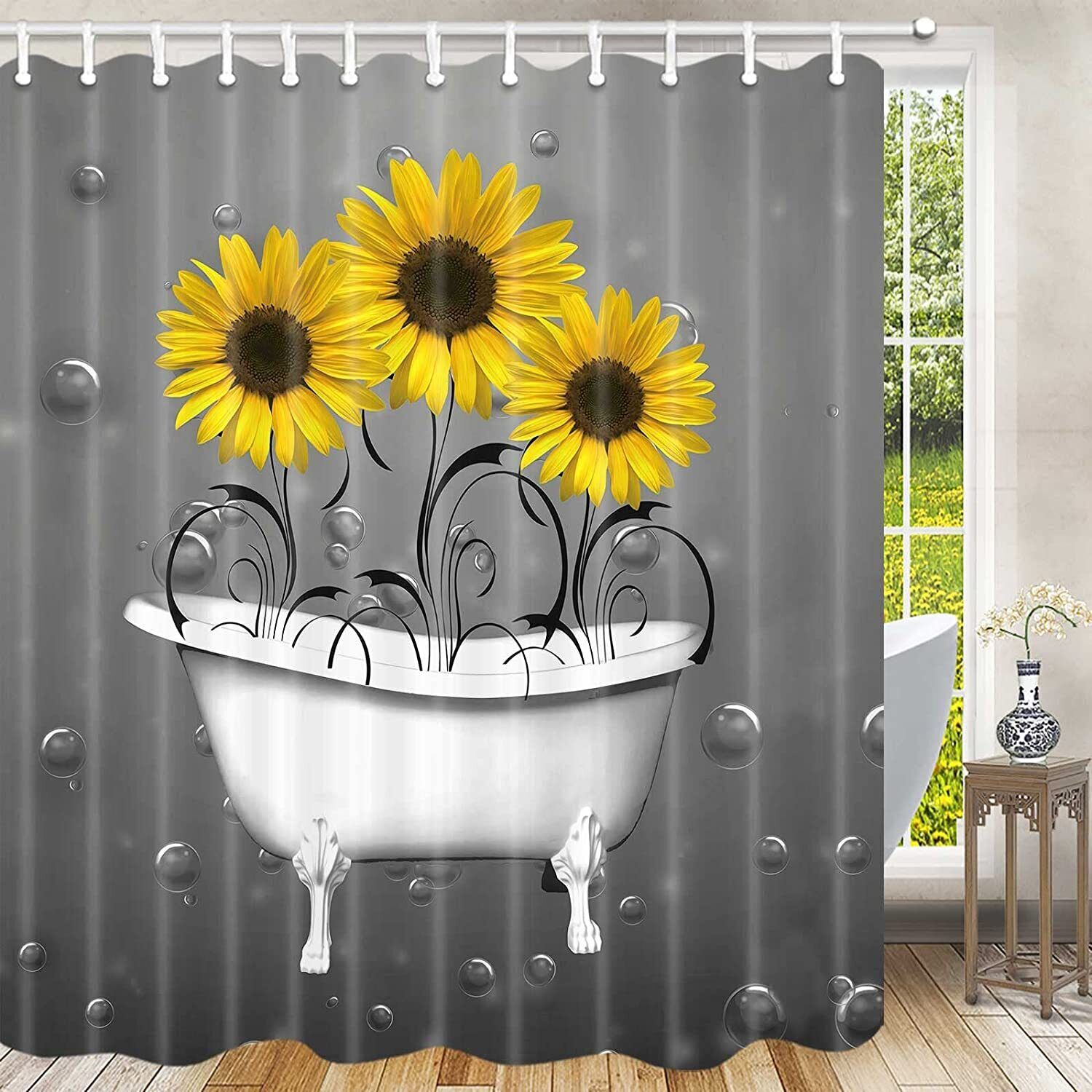 Cute Sunflowers in White Bathtub Bubbles Shower Curtain for Bathroom Decor