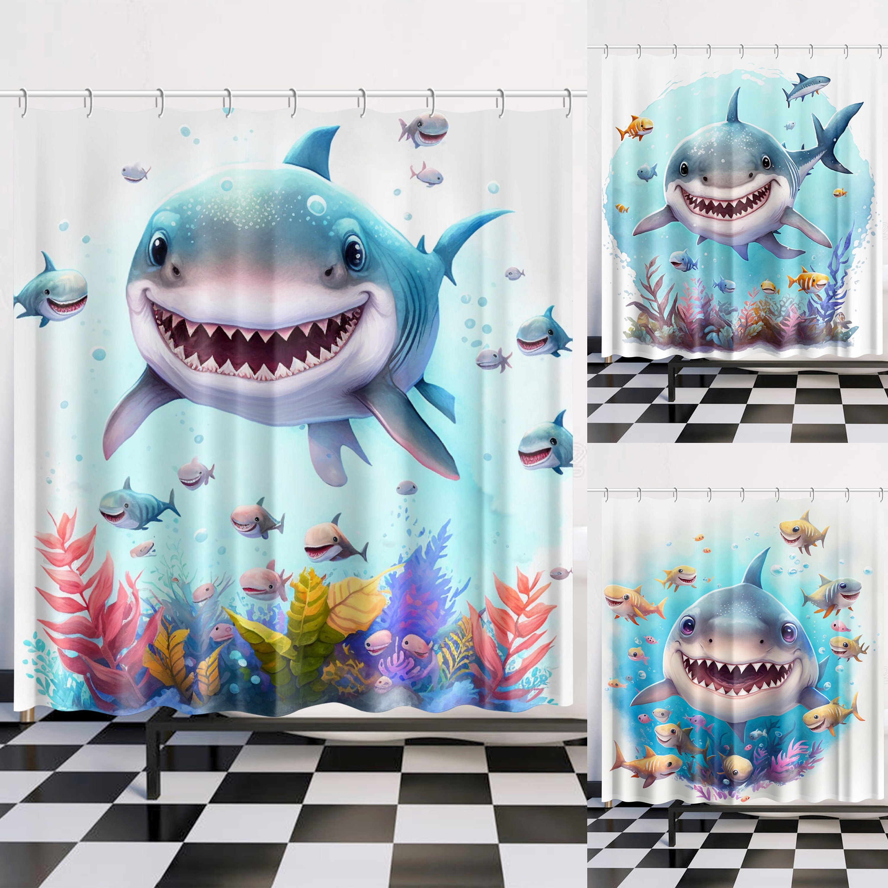 Cute Teen Bathroom Curtain with Shark Print Shower Curtain