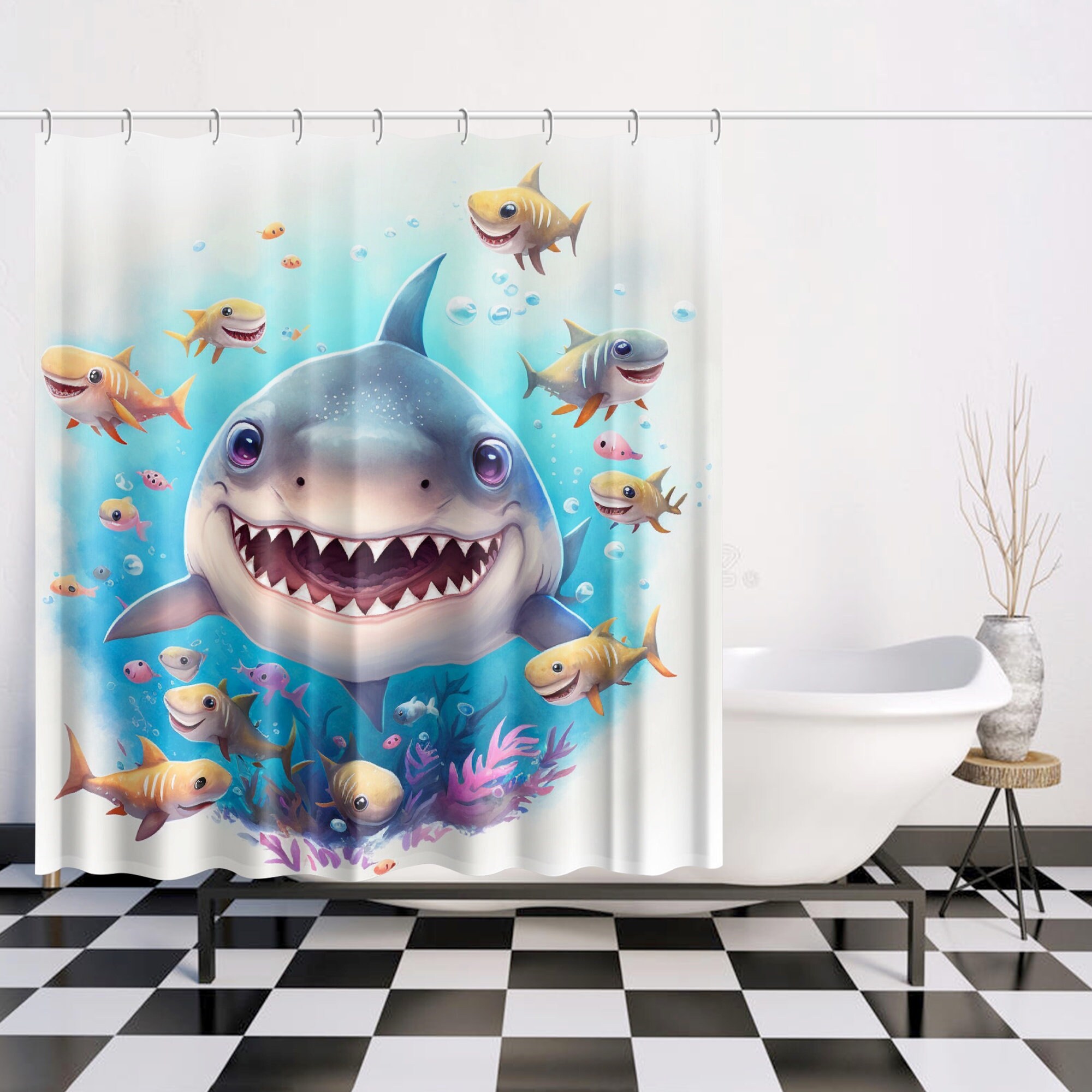 Cute Teen Bathroom Curtain with Shark Print Shower Curtain