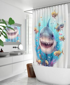 Cute Teen Bathroom Curtain with Shark Print Shower Curtain