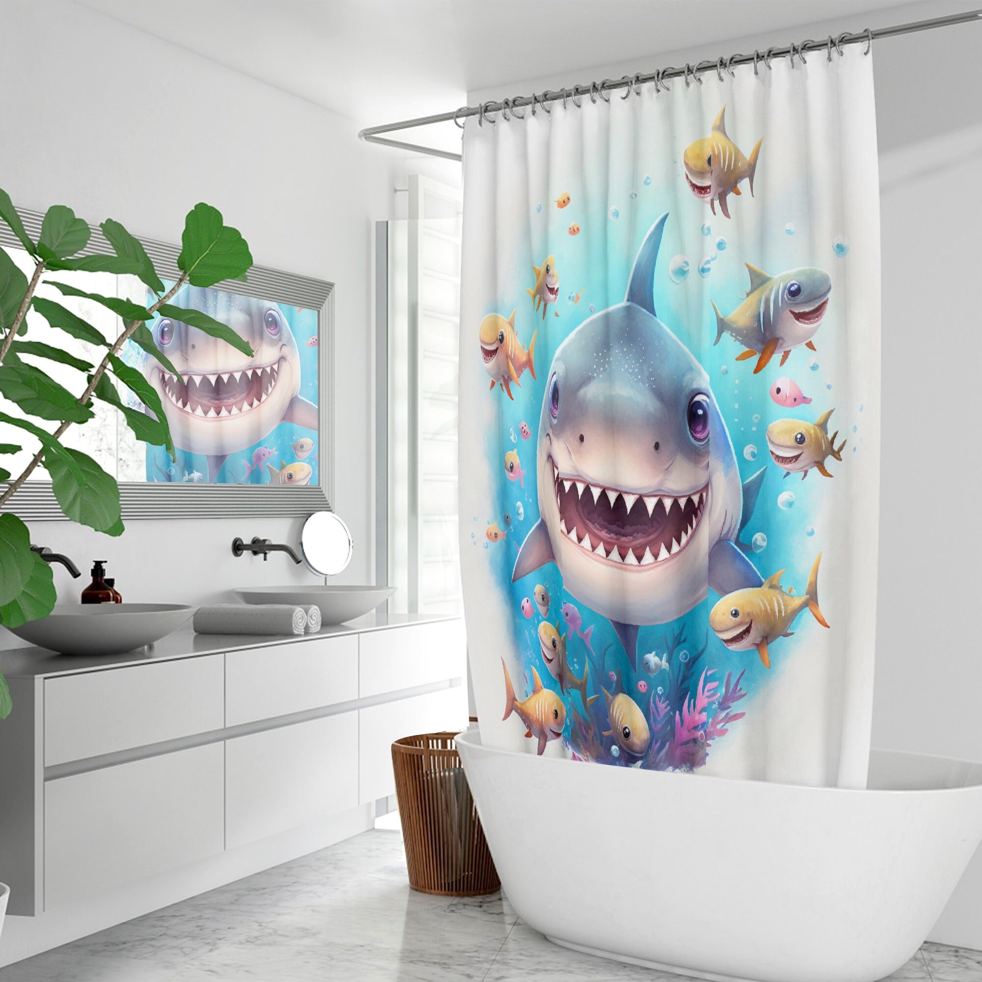 Cute Teen Bathroom Curtain with Shark Print Shower Curtain