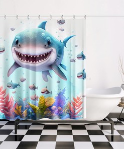 Cute Teen Bathroom Curtain with Shark Print Shower Curtain