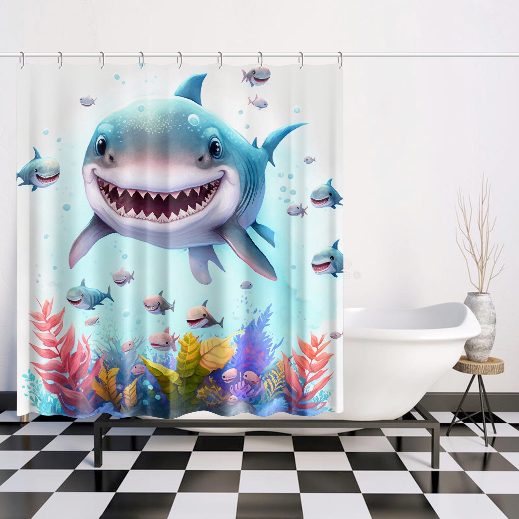 Cute Teen Bathroom Curtain with Shark Print Shower Curtain