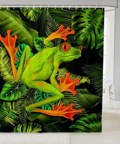 Cute Tropical Frog Shower Curtain with Palm Leaves for Boys Girls Teens Room Decor