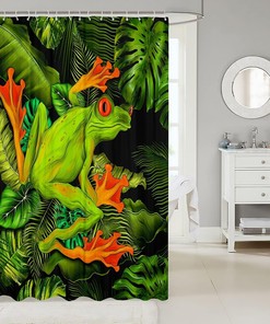 Cute Tropical Frog Shower Curtain with Palm Leaves for Boys Girls Teens Room Decor