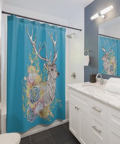 Cute Turquoise Reindeer Design Shower Curtain for Christmas Bathroom Decor 