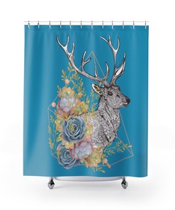 Cute Turquoise Reindeer Design Shower Curtain for Christmas Bathroom Decor