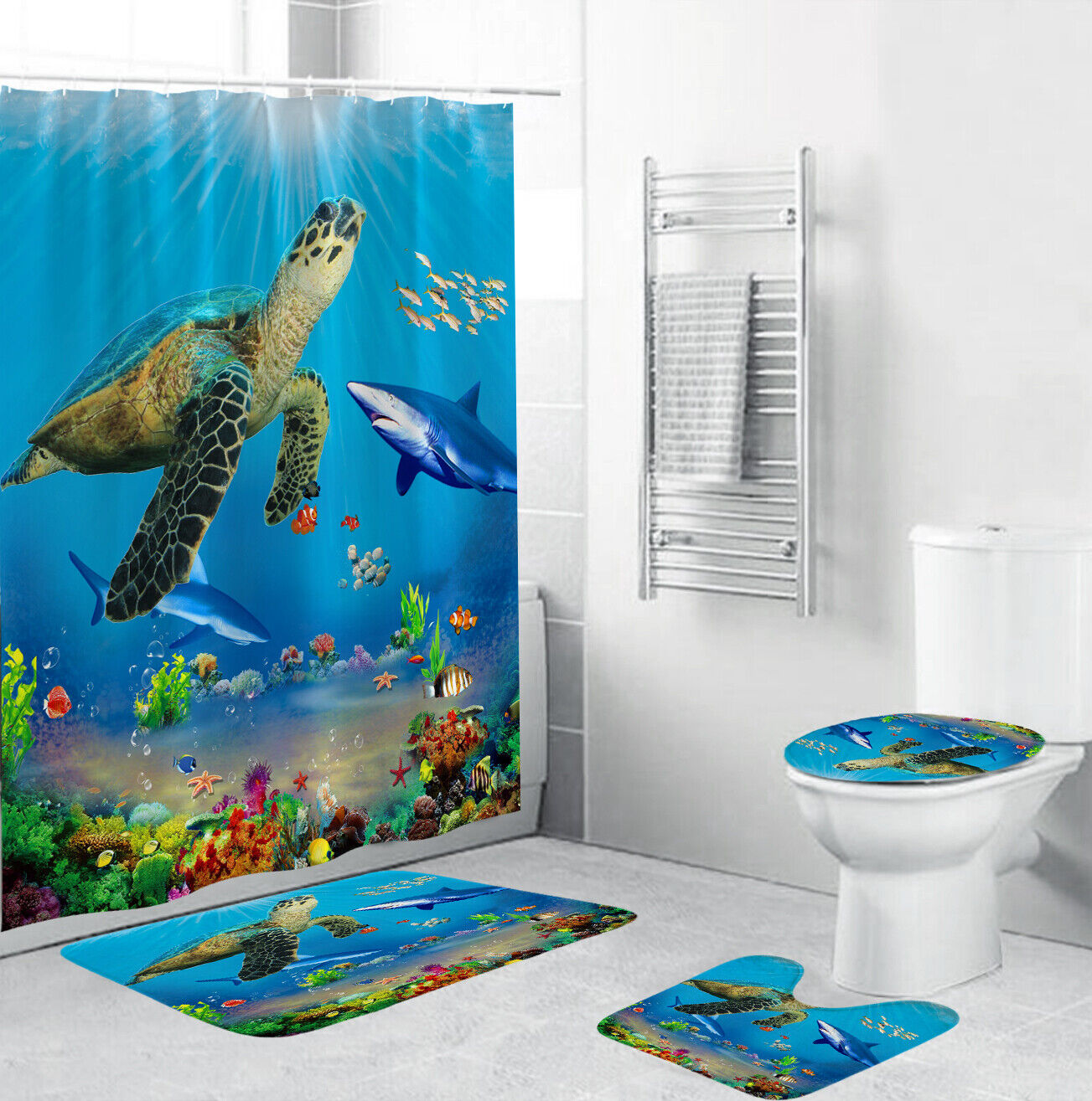 Cute Turtle Shower Curtain For Kids Bathroom Decor With Ocean Animal Design