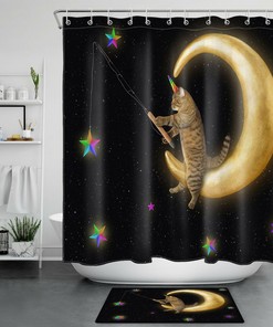 Cute Unicorn Cat Shower Curtain With Colorful Stars And Moon For Bathroom Accessory