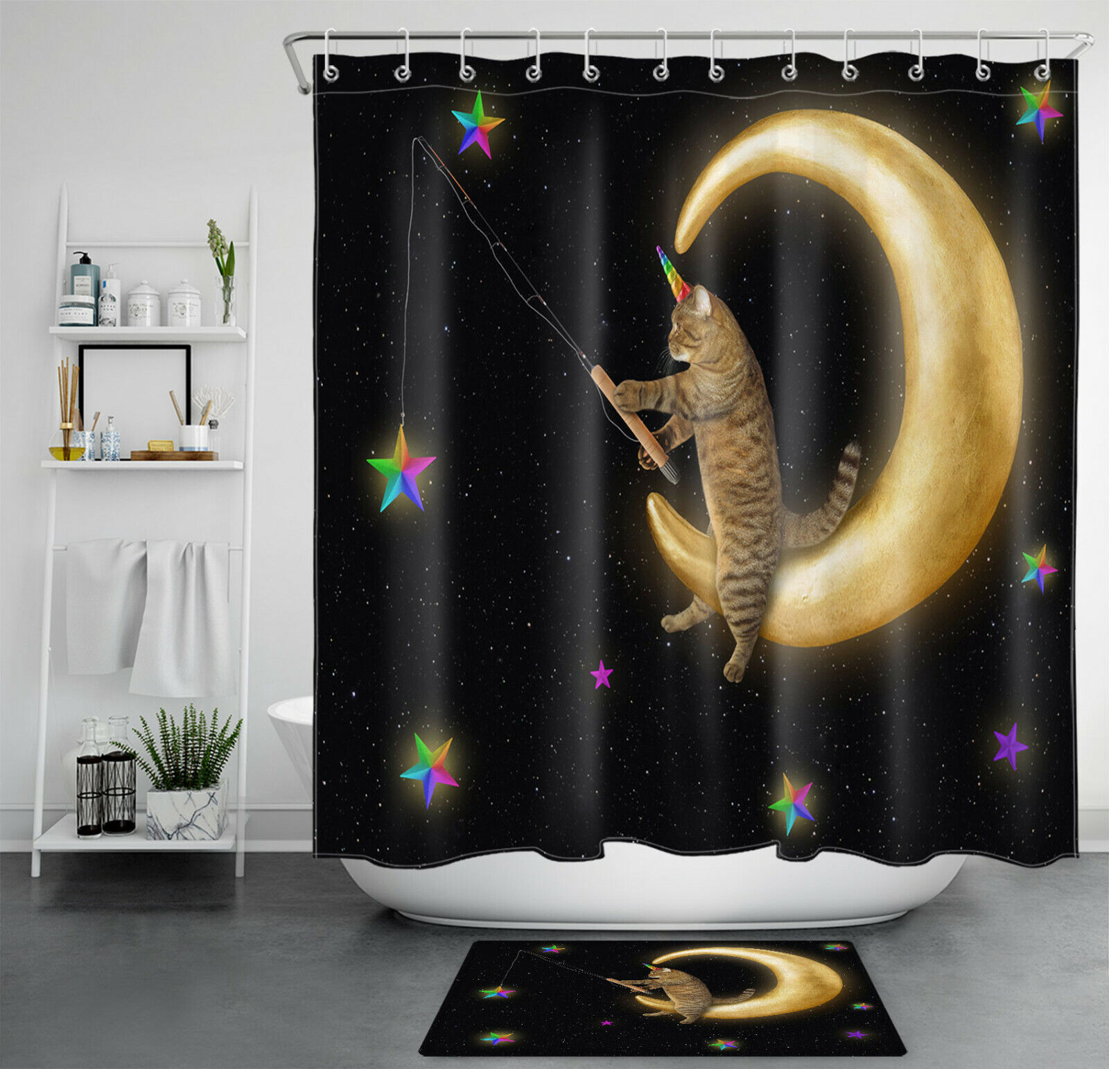 Cute Unicorn Cat Shower Curtain With Colorful Stars And Moon For Bathroom Accessory