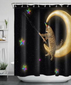 Cute Unicorn Cat Shower Curtain With Colorful Stars And Moon For Bathroom Accessory