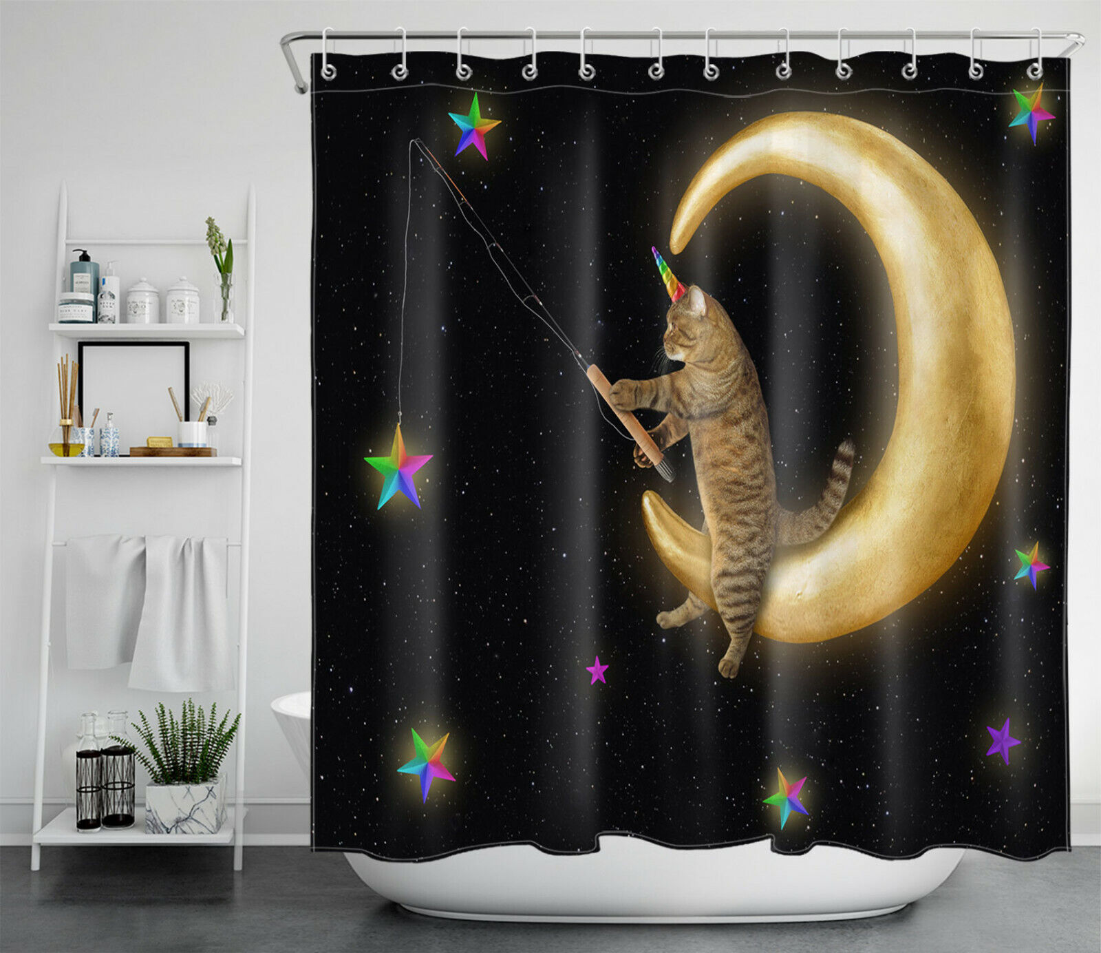 Cute Unicorn Cat Shower Curtain With Colorful Stars And Moon For Bathroom Accessory