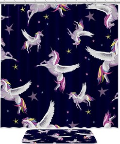 Cute Unicorn Stars Bathroom Accessories Set With Waterproof Fabric Shower Curtain And Mat